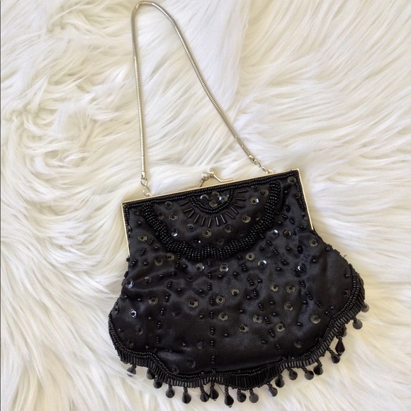 Vintage Handbags - Vintage Black Satin Beaded and Sequined Kiss Lock Evening Bag